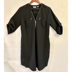 New York & Company Dress Women's M Black Midi Zipper Front Roll Sleeves - Casual